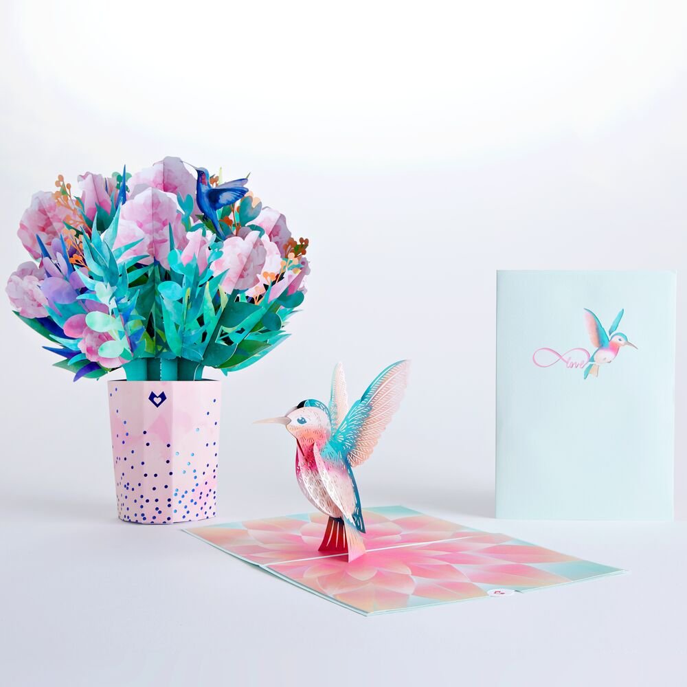 Lovepop - Aquarell - Rosen & Kolibri 3D Pop - Up Karte + Bouquet Set - Onlineshop für außergewöhnliche Grußkarten und Paper Art - Online kaufen