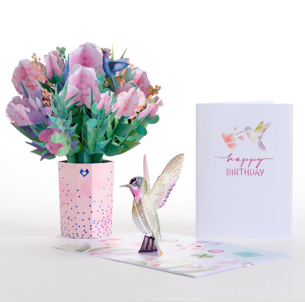 Lovepop - Aquarell - Rosen & Kolibri zum Geburtstag 3D Pop - Up Karte + Bouquet Set - Onlineshop für außergewöhnliche Grußkarten und Paper Art - Online kaufen