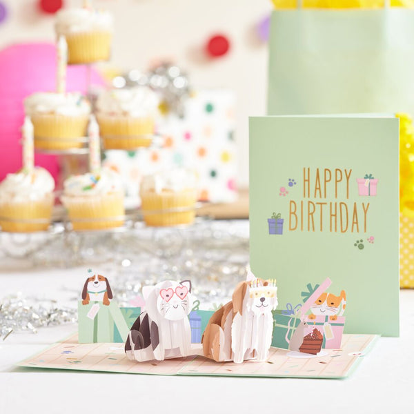 Createreedo 3D Pop-Up Geburtstagskarte – Mit Süßer Katze & Kuchen, Handgefertigt, 14x15 Cm, Inkl. Umschlag