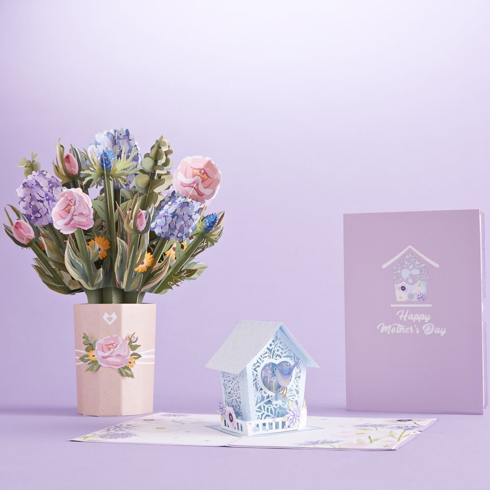 Lovepop - Muttertags - Vogelhaus - Hortensien 3D Pop - Up Karte + Bouquet Set - Onlineshop für außergewöhnliche Grußkarten und Paper Art - Online kaufen