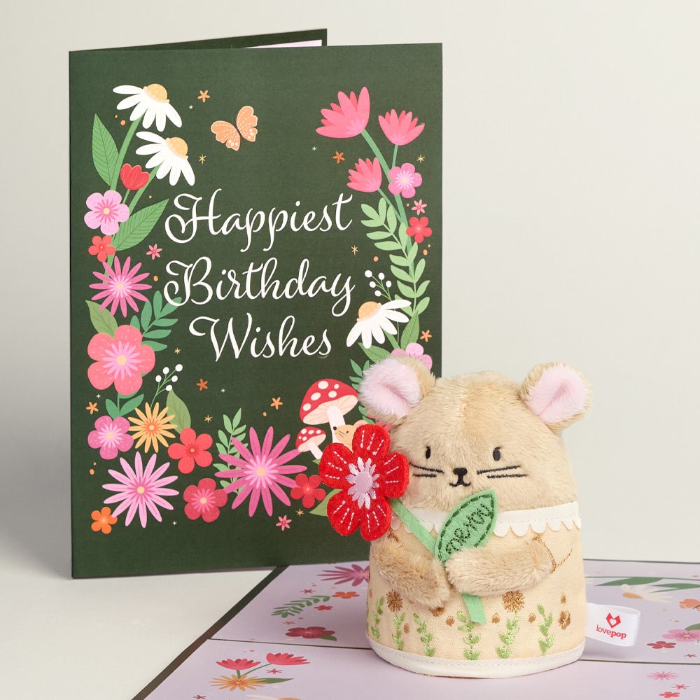 Lovepop - Plüsch - Pop - Happiest Birthday Wishes 3D Pop - Up Karte mit Feldmaus Plüschfigur - Onlineshop für außergewöhnliche Grußkarten und Paper Art - Online kaufen