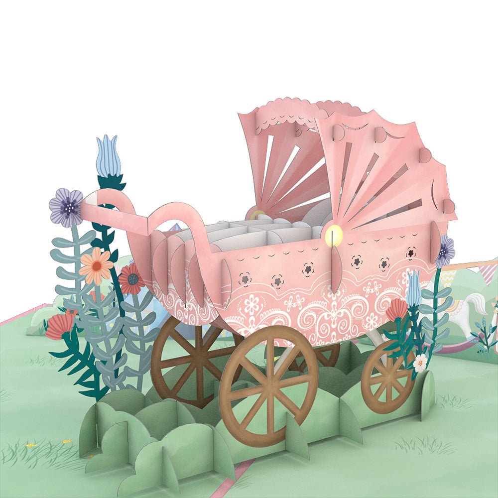 Lovepop - Rosa Kinderwagen Baby Ankündigung Glückwunsch 3D Pop - Up Karte - Onlineshop für außergewöhnliche Grußkarten und Paper Art - Online kaufen